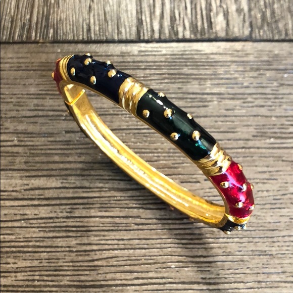Vintage Goldtone Bracelet Red, Navy, Green Enamel - Picture 1 of 13